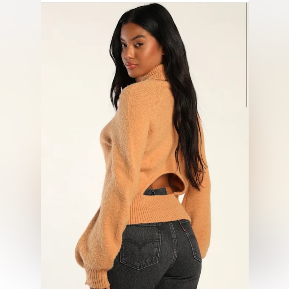 Lulus Best Moment Tan Balloon Sleeve Mock Neck Cutout Sweater Brown - Size L